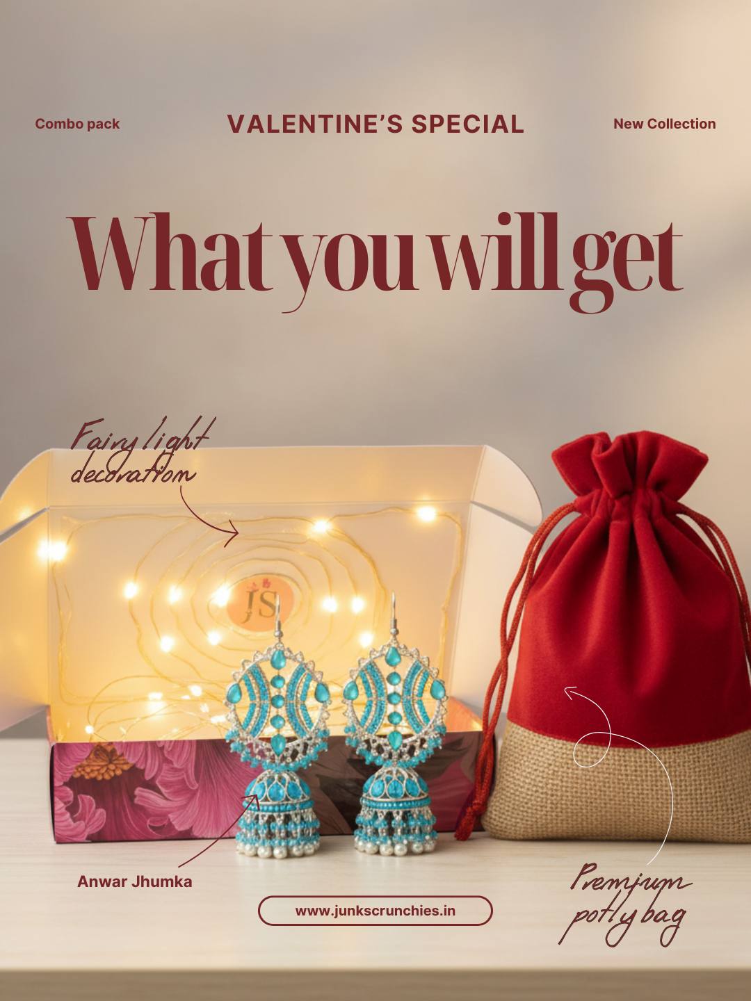 Valentine's Special Combo - Maula Mere Maula Jhumka with Decorated Gift Box & Red Velvet Bag