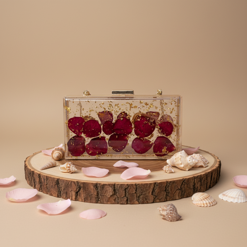 Transparent Resin Clutch Purse with Real Rose Petals & Gold Flakes