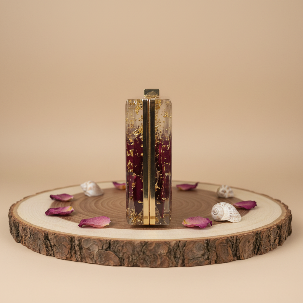 Transparent Resin Clutch Purse with Real Rose Petals & Gold Flakes