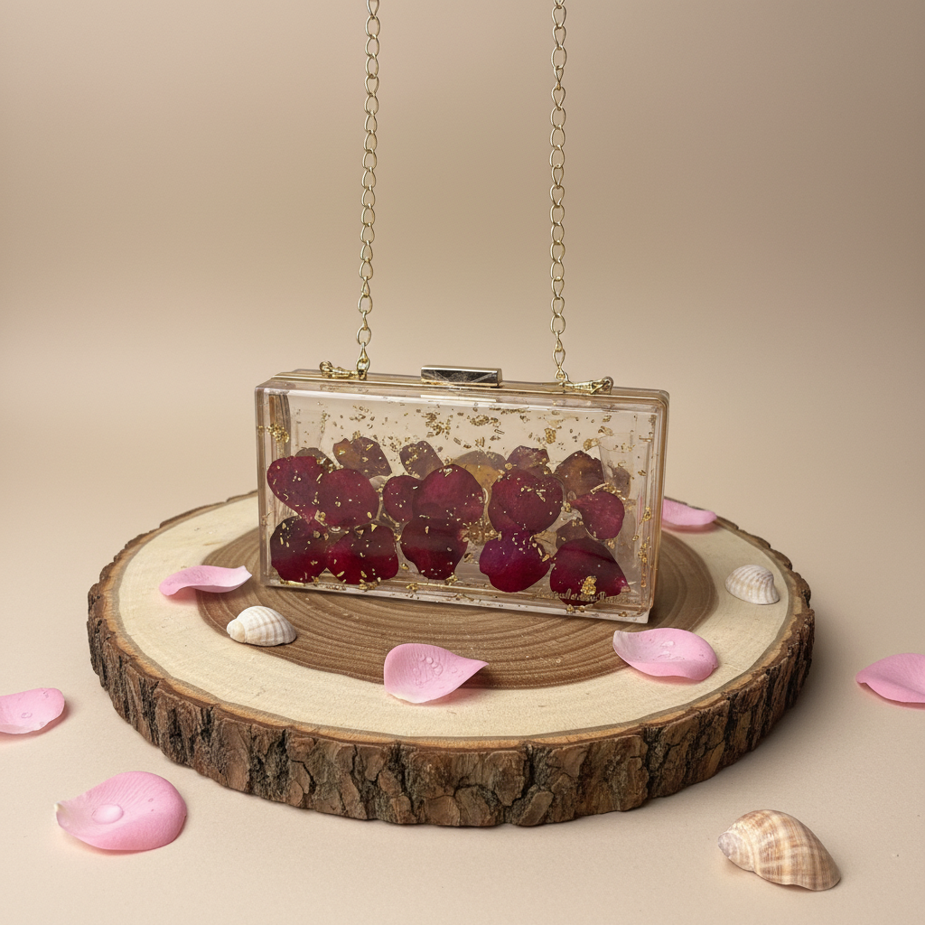 Transparent Resin Clutch Purse with Real Rose Petals & Gold Flakes
