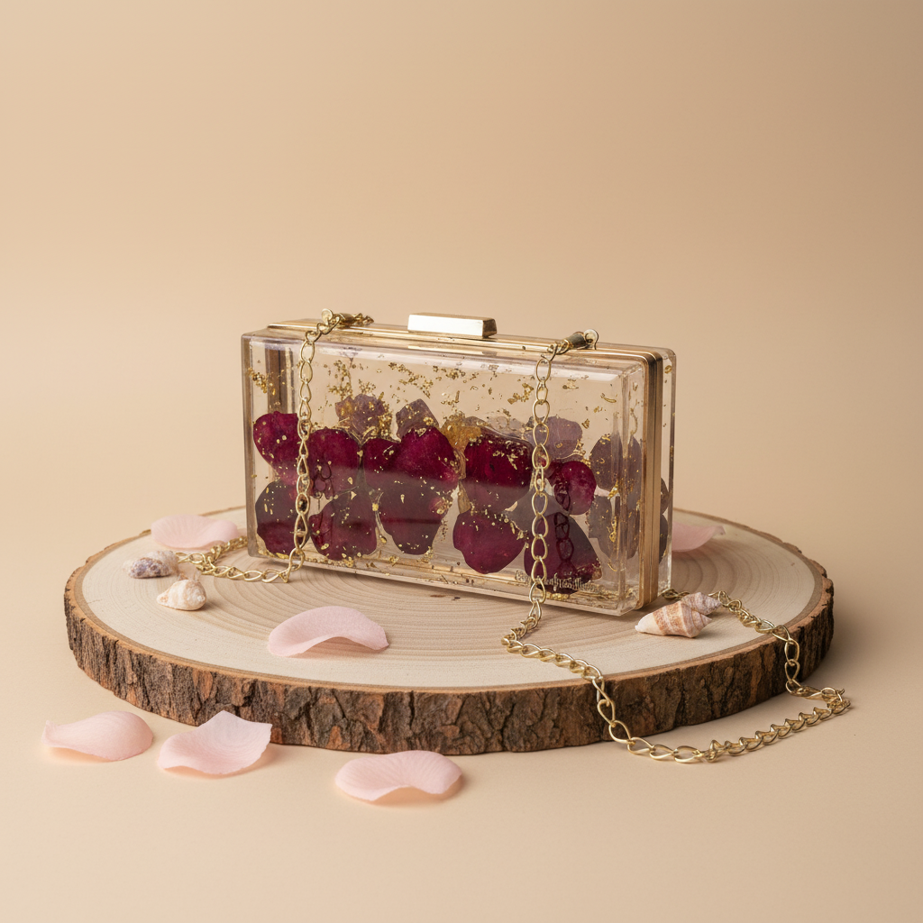 Transparent Resin Clutch Purse with Real Rose Petals & Gold Flakes