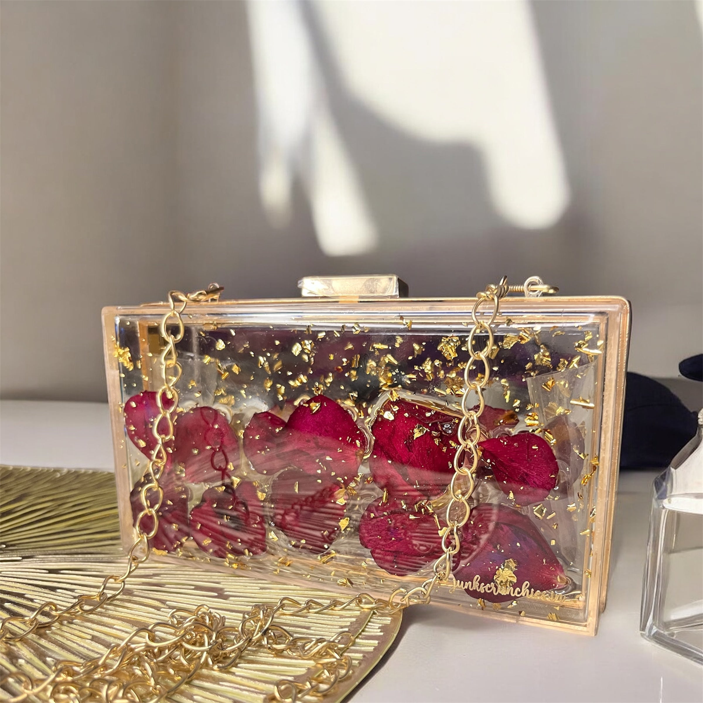 Transparent Resin Clutch Purse with Real Rose Petals & Gold Flakes