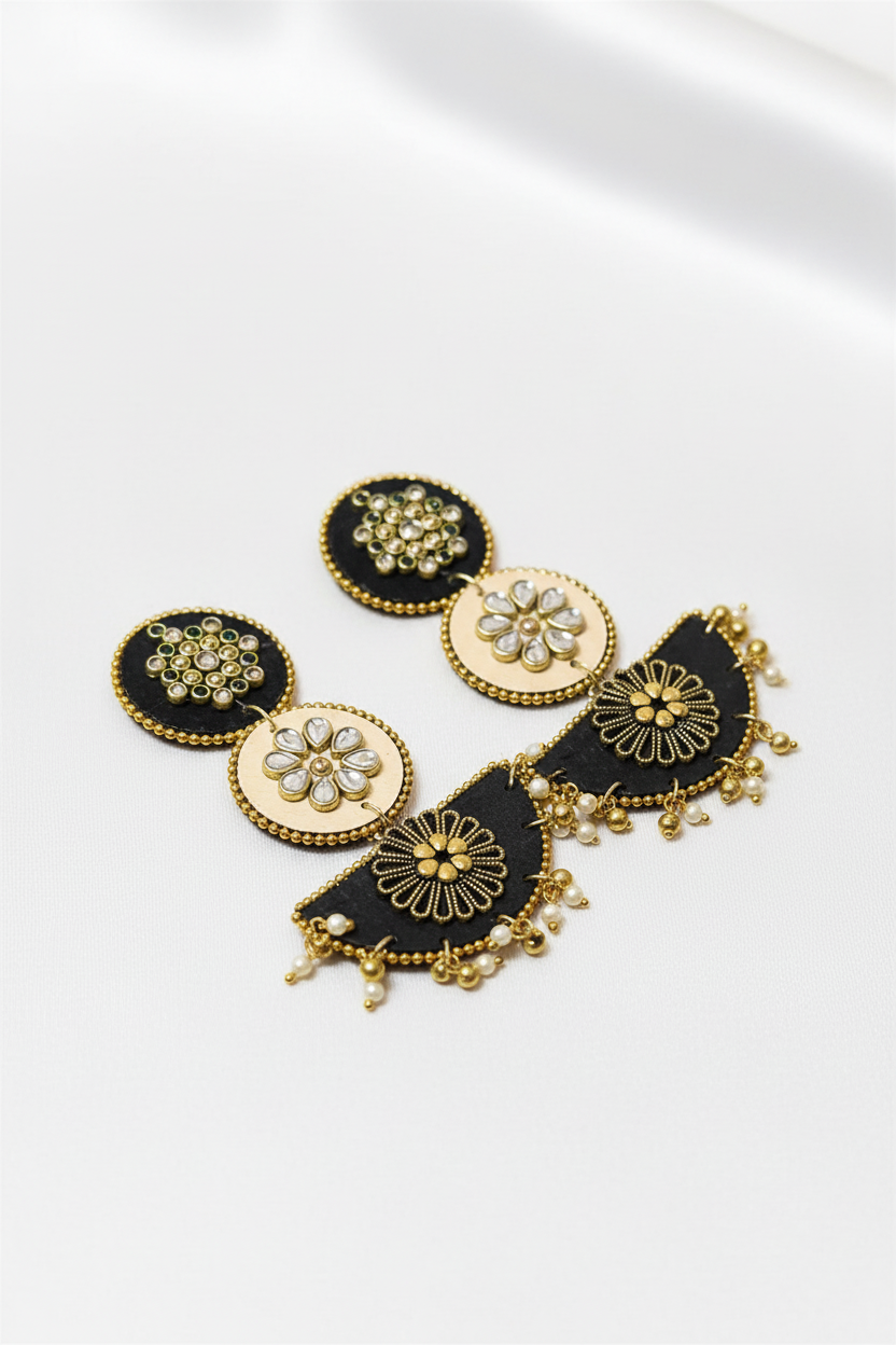 Traditional Black & Beige Kundan Style Statement Earrings with Pearl Drops