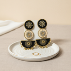 Traditional Black & Beige Kundan Style Statement Earrings with Pearl Drops