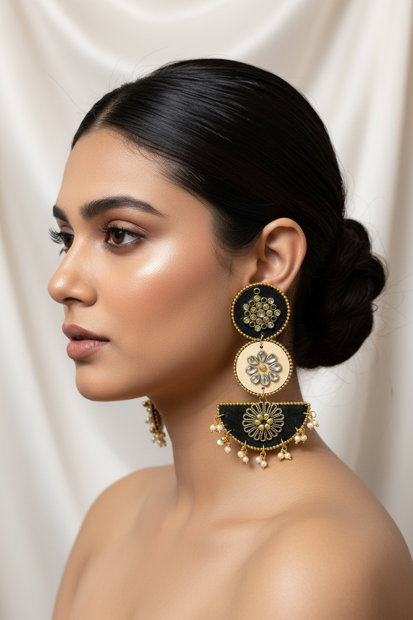 Traditional Black & Beige Kundan Style Statement Earrings with Pearl Drops