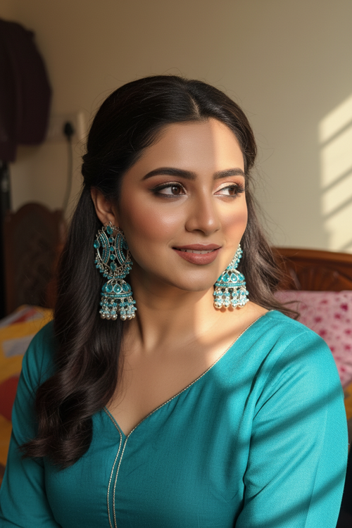 Commercial lifestyle photo of turquoise earrings